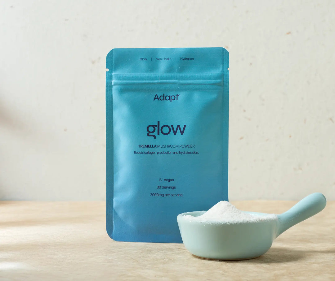 Adapt Tremella Powder Packaging - vibrant blue with glow written on the front