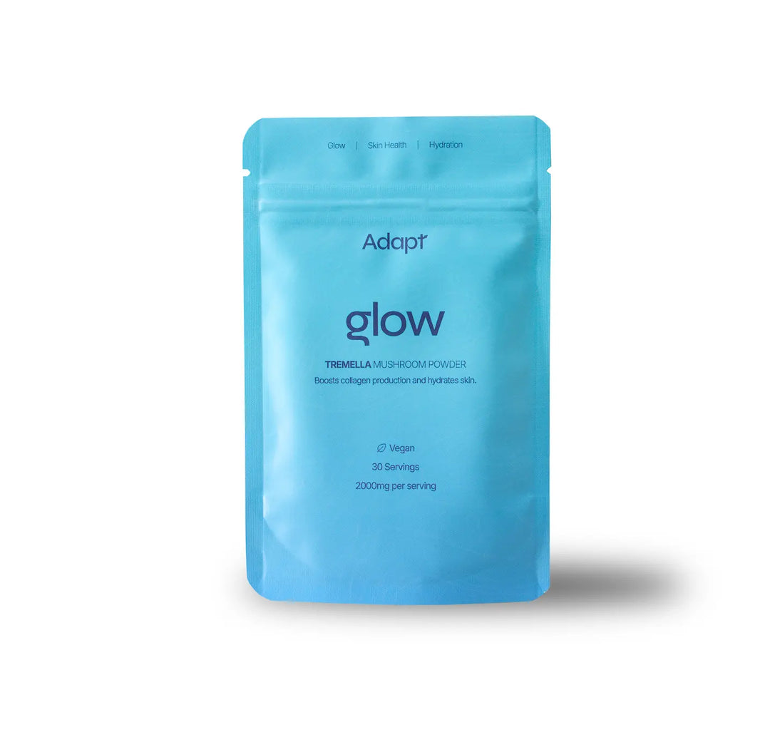 Adapt Tremella Powder packaging - vibrant blue with glow written on the front